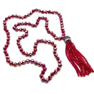 Faceted‎ Glass Tassel Necklace 40" AB Red Beads Hand-Knotted Boho Glam